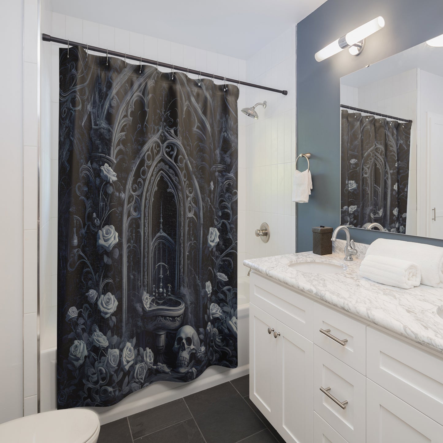 Goth Shower Curtain Roses and Skulls Decor Goth Decor Moonlight Scene Shower Curtain 71 x 74"
