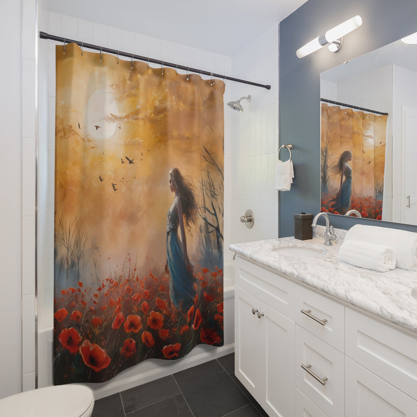 Serene Landscape Shower Curtain: Golden Sky, Vibrant Poppies & Contemplative Woman 71 x 74"