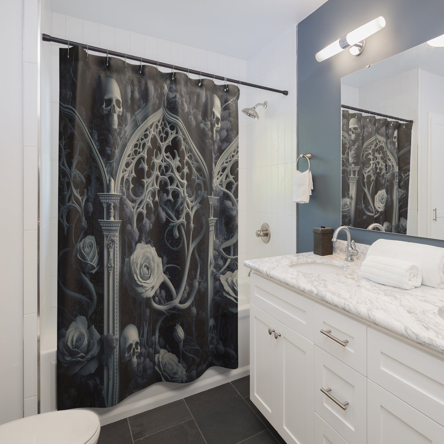 Gothic-Inspired Shower Curtain: Intricate Black and White Patterns with Skulls & Roses 71 x 74"