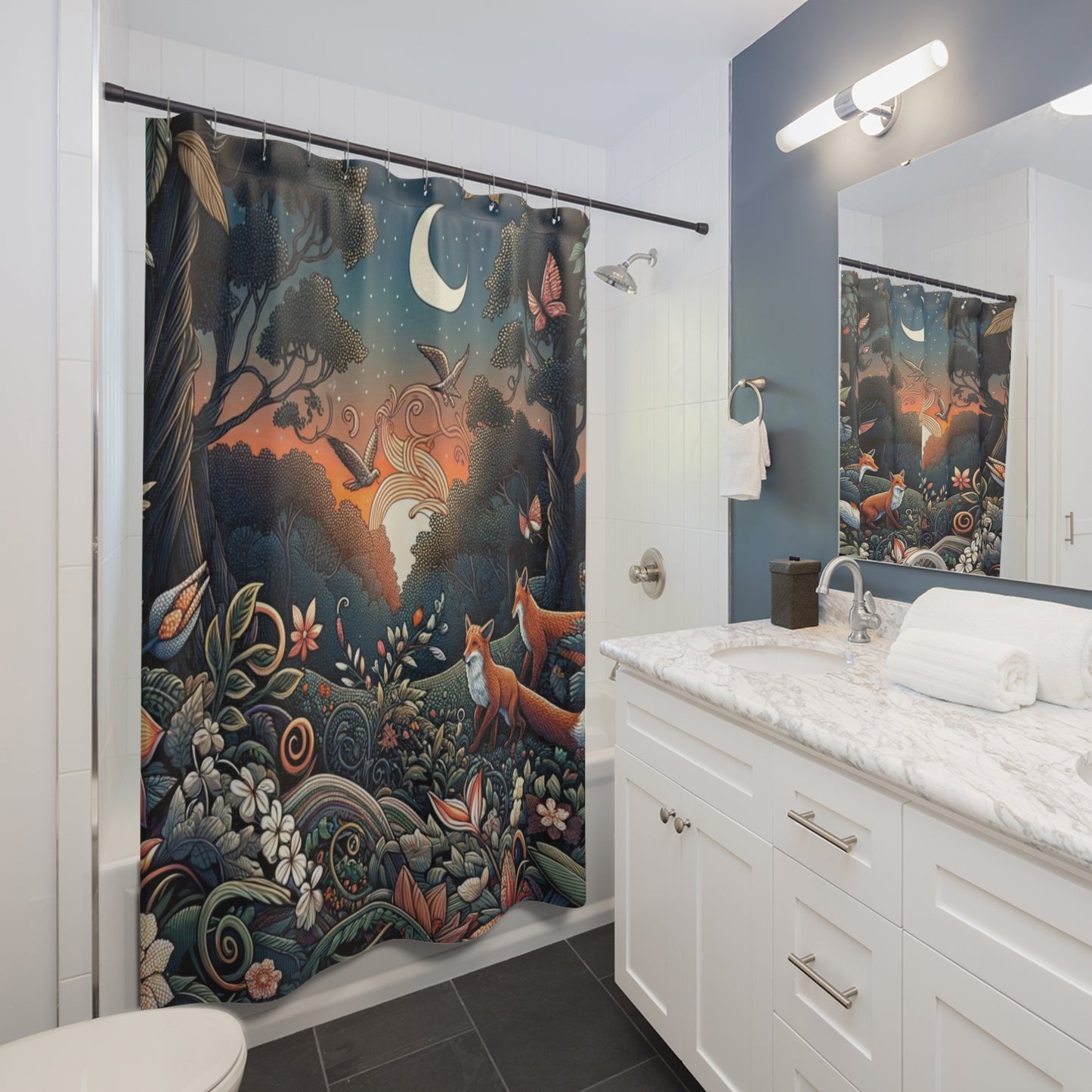 Whimsical Woodland Moonlight Scene Shower Curtain 71 x 74" Fox Shower Curtain