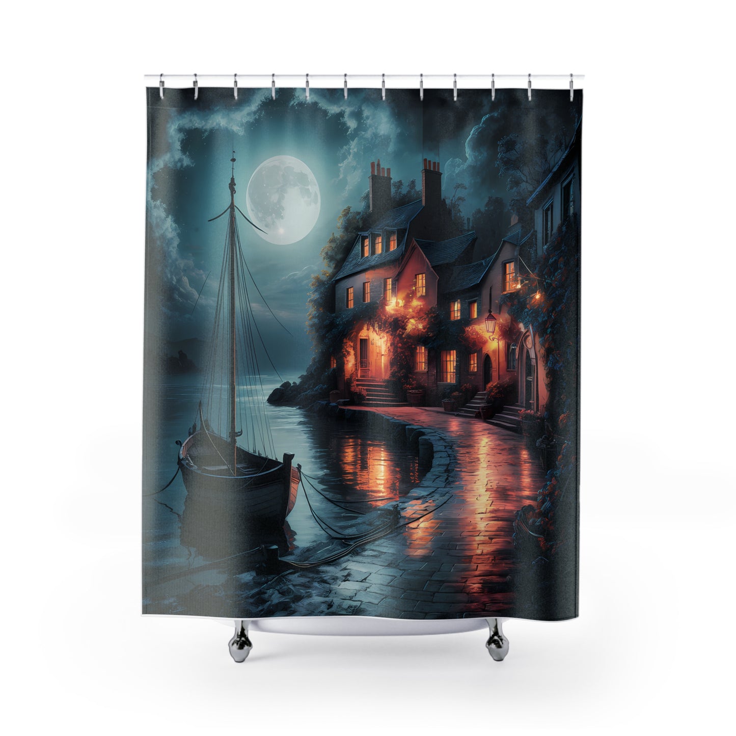 Riverfront Boat Moonlit 71 x 74" Twilight Shower Curtain