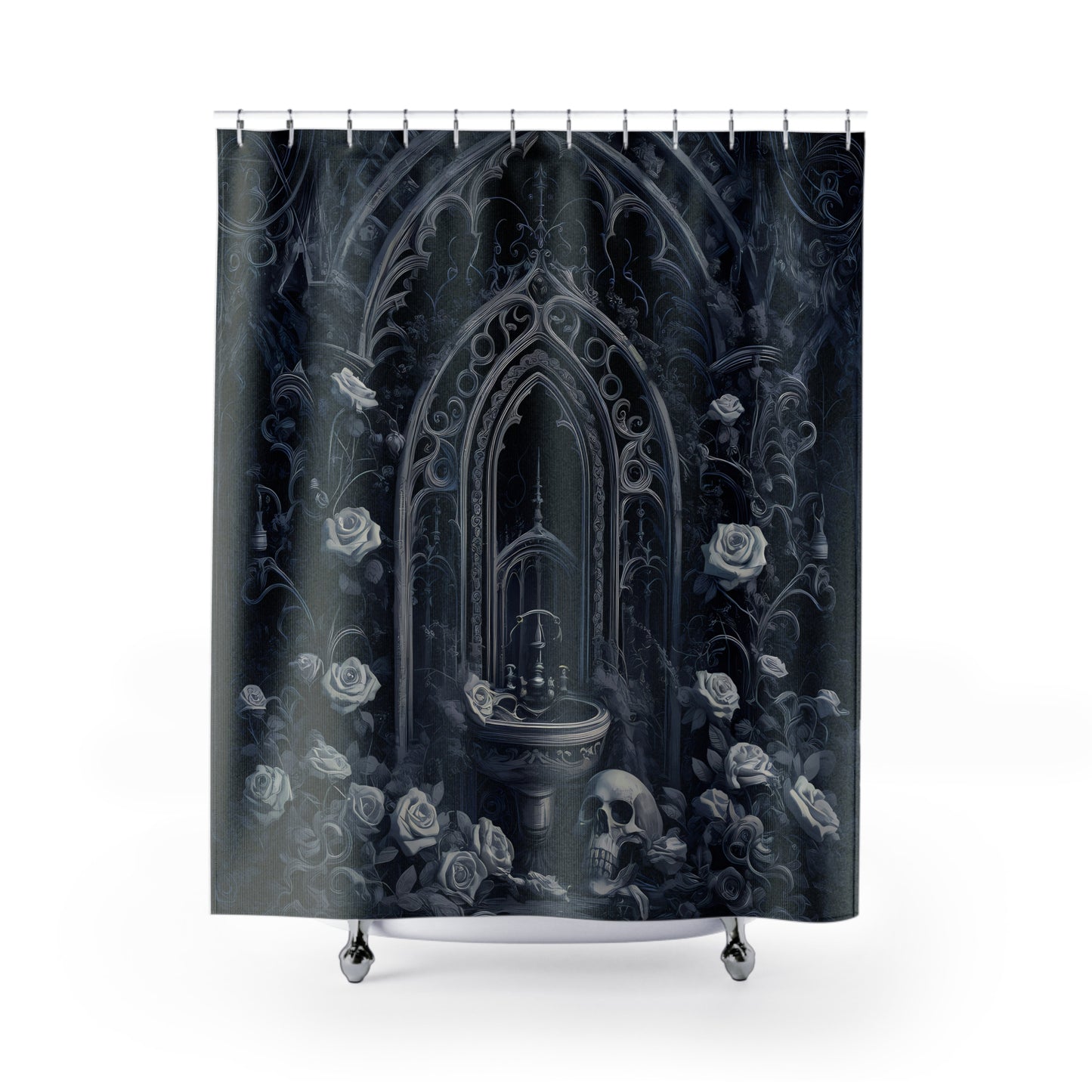 Goth Shower Curtain Roses and Skulls Decor Goth Decor Moonlight Scene Shower Curtain 71 x 74"