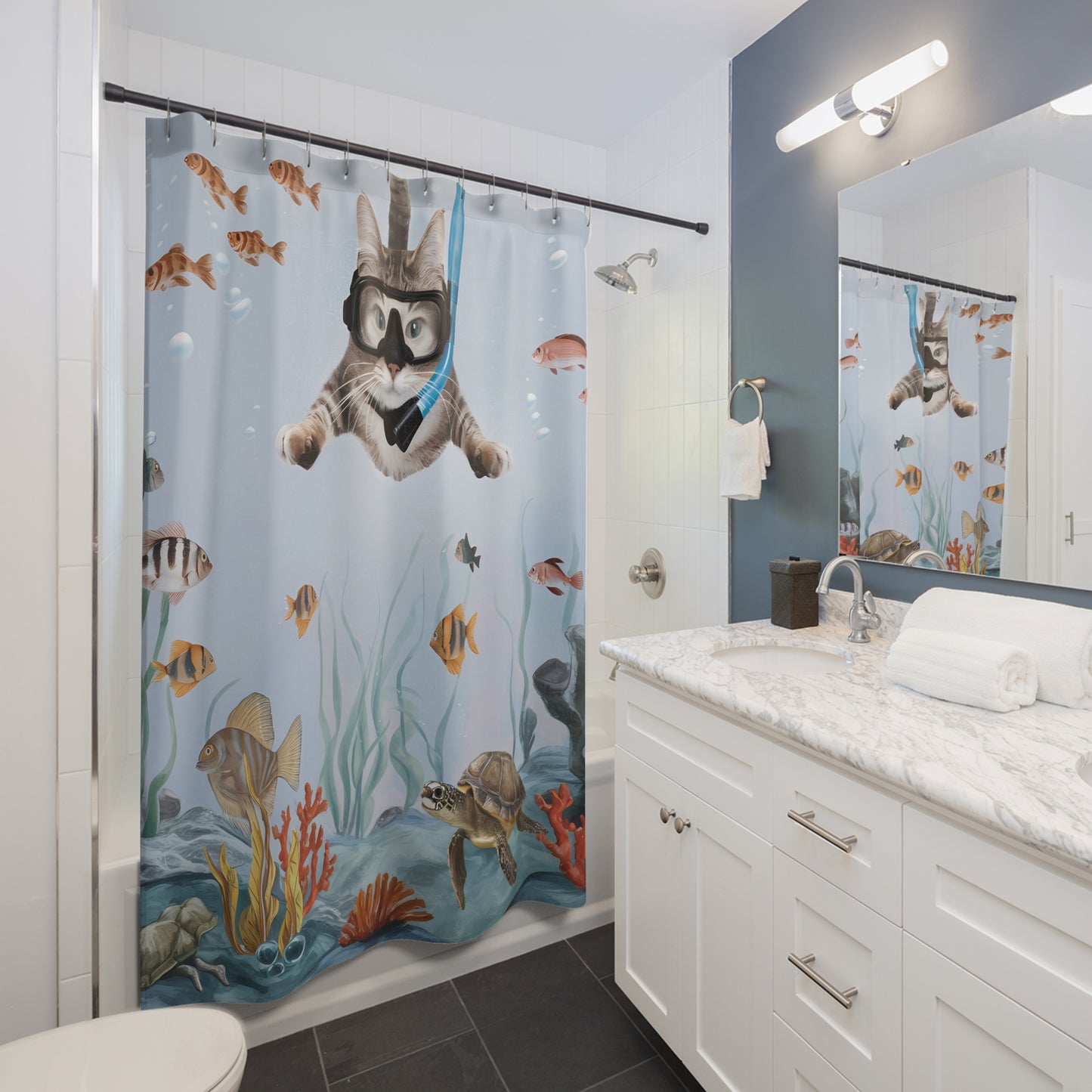 Cat Snorkeling Shower Curtain 71 x 74" Fish Shower Curtain Turtle Shower Curtain