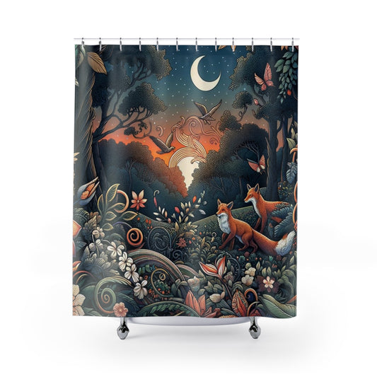 Whimsical Woodland Moonlight Scene Shower Curtain 71 x 74" Fox Shower Curtain