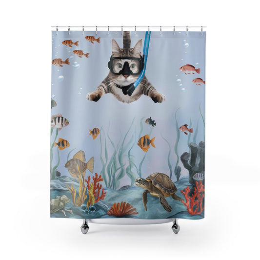 Cat Snorkeling Shower Curtain 71 x 74" Fish Shower Curtain Turtle Shower Curtain