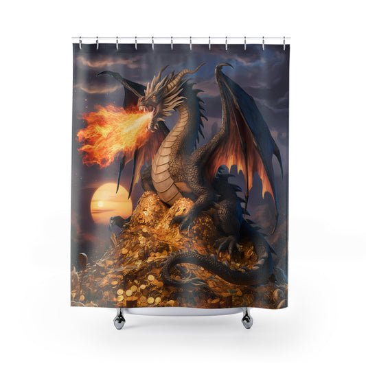 Fantastical Dragon Shower Curtain: Intricate Scales, Fiery Breath & Golden Treasures 71 x 74"