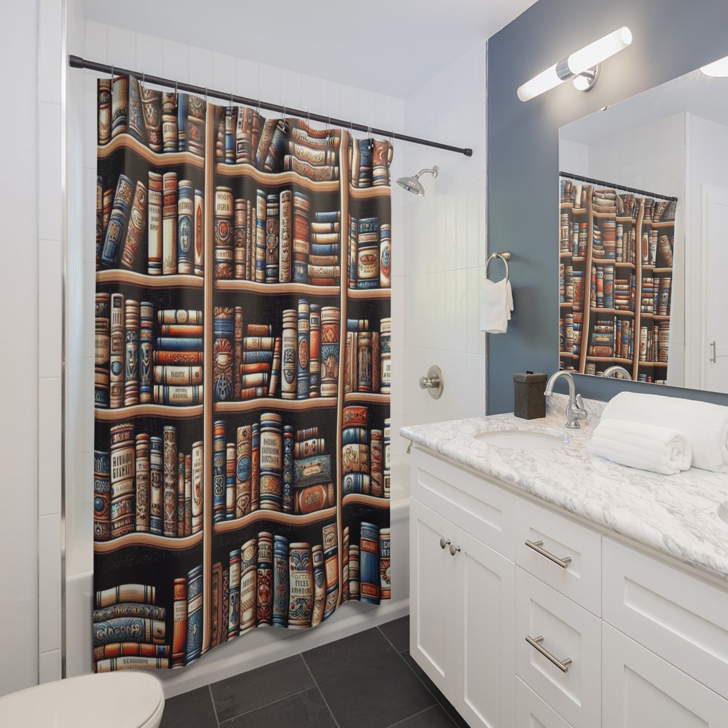 Bookcase Library Brimming with Books Shower Curtain 71 x 74" Book Lover Gift, Great Gift for Book Lovers