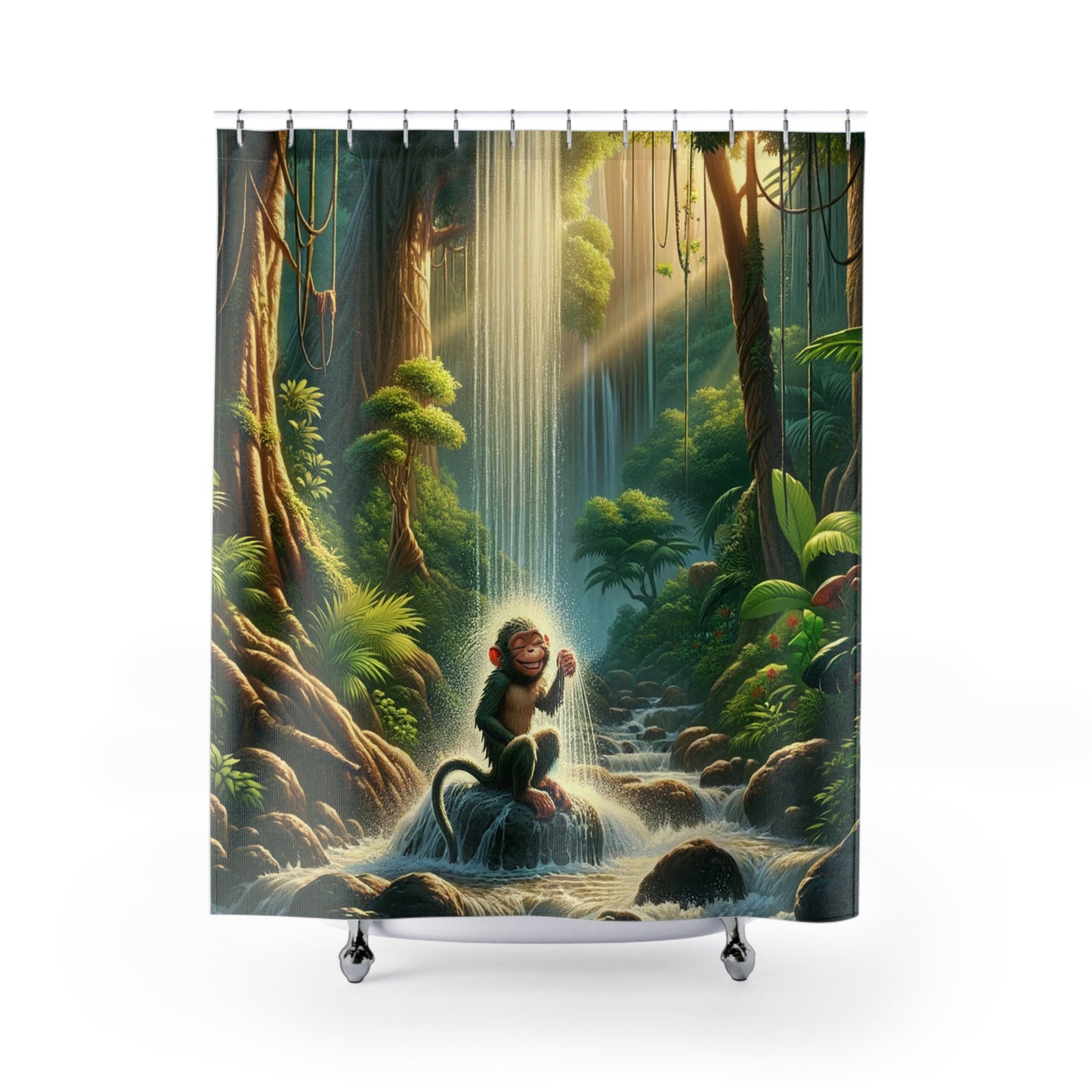 Cute Monkey Showering in Jungle Polyester Shower Curtain 71 x 74" Kids and Adults