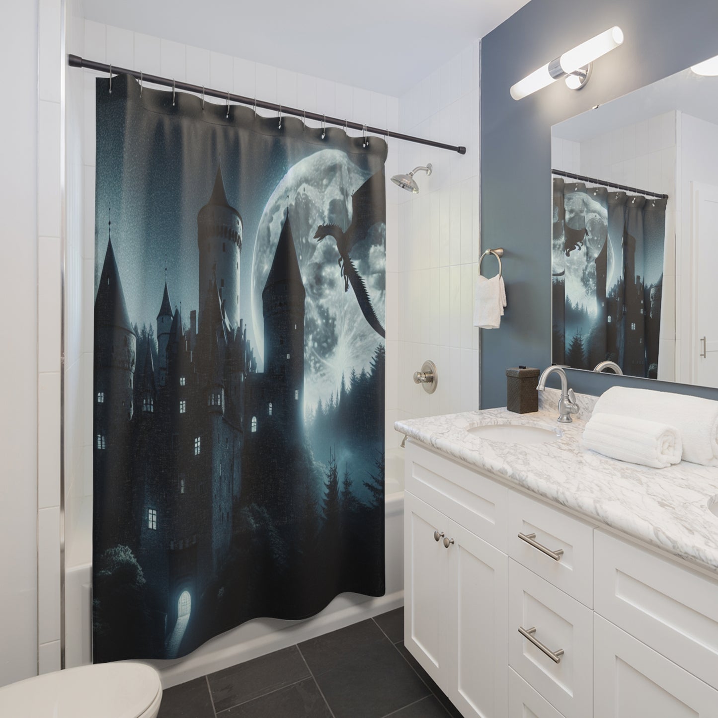 Moonlight Dragon and Castle Shower Curtains 71 x 74", Gothic Castle, Medieval, Dragon