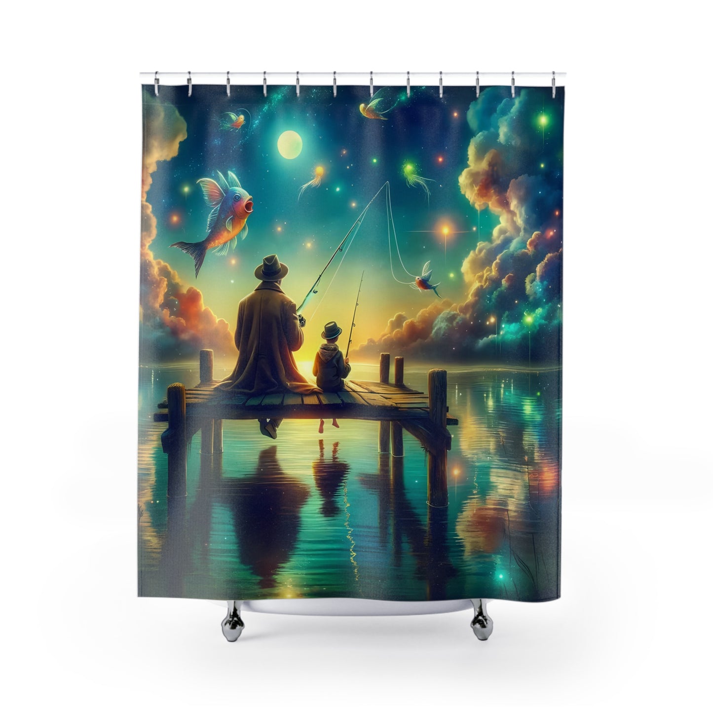 Whimsical Father & Son Fishing Shower Curtain 71 x 74" Nostalgia