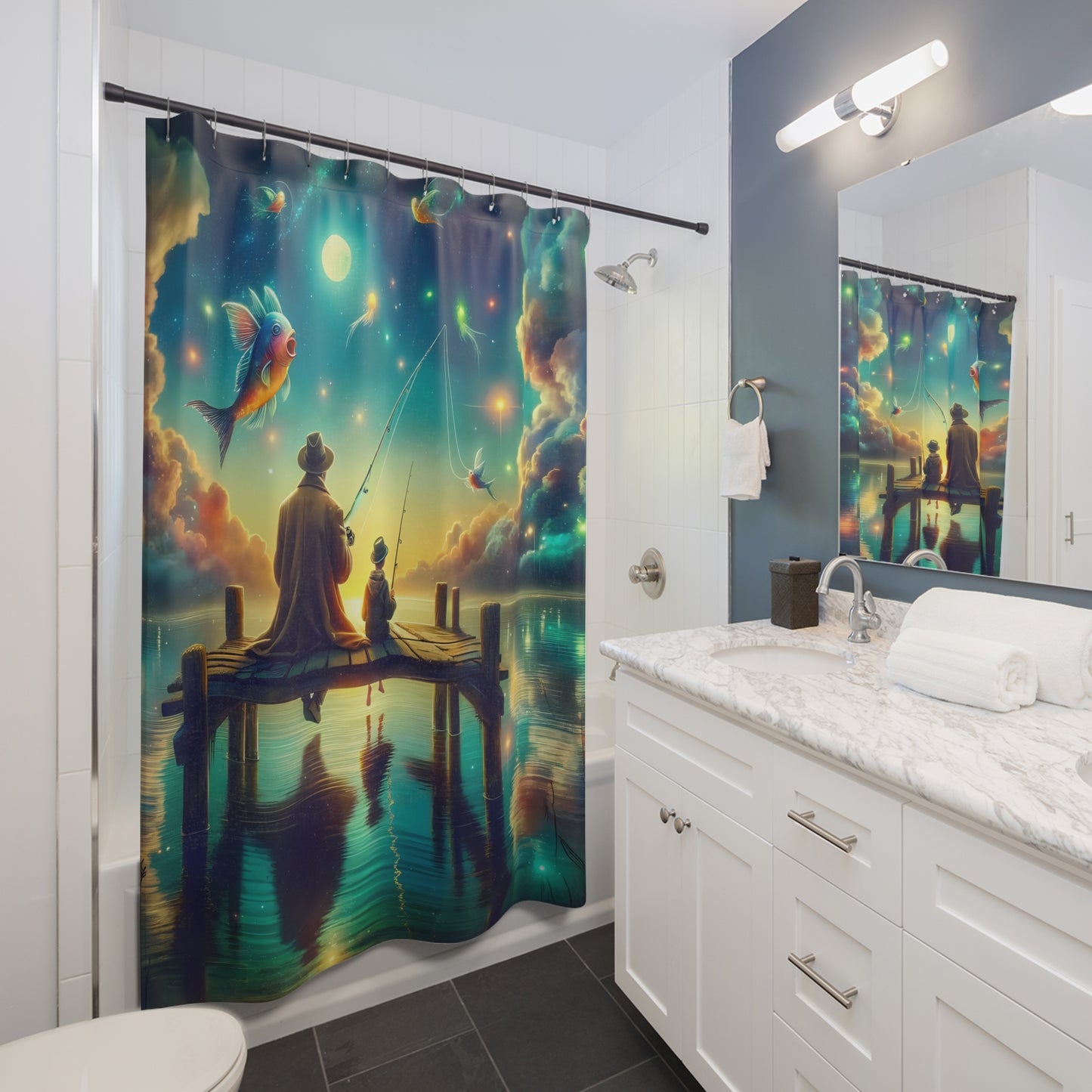 Whimsical Father & Son Fishing Shower Curtain 71 x 74" Nostalgia