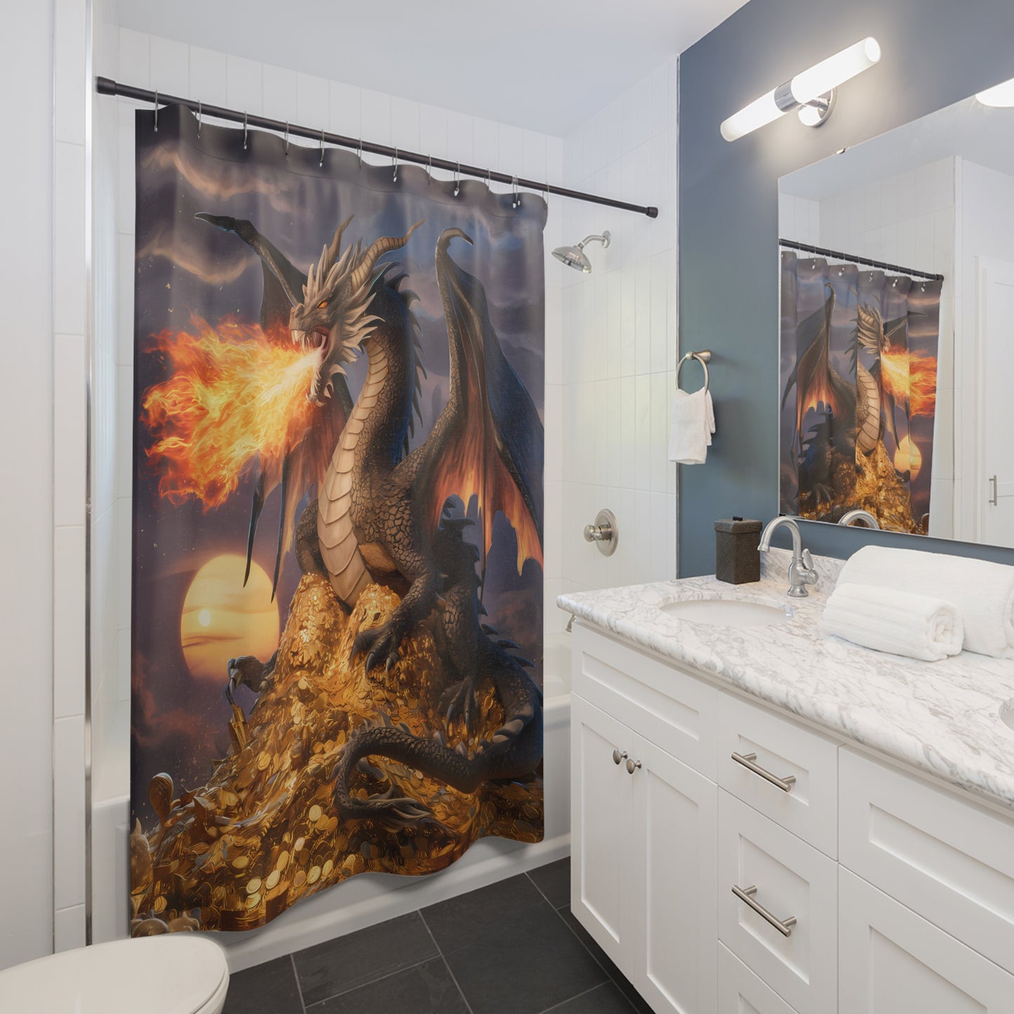 Fantastical Dragon Shower Curtain: Intricate Scales, Fiery Breath & Golden Treasures 71 x 74"