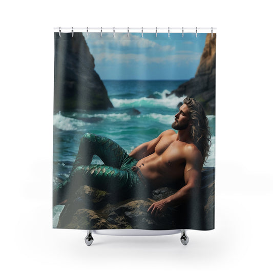 Merman Mermaid Lazing by the Sea Shower Curtains 71 x 74" Ocean Shower Curtain