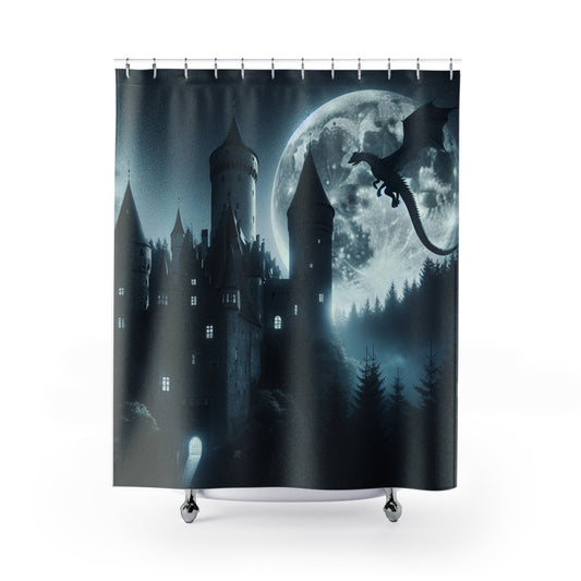 Moonlight Dragon and Castle Shower Curtains 71 x 74", Gothic Castle, Medieval, Dragon