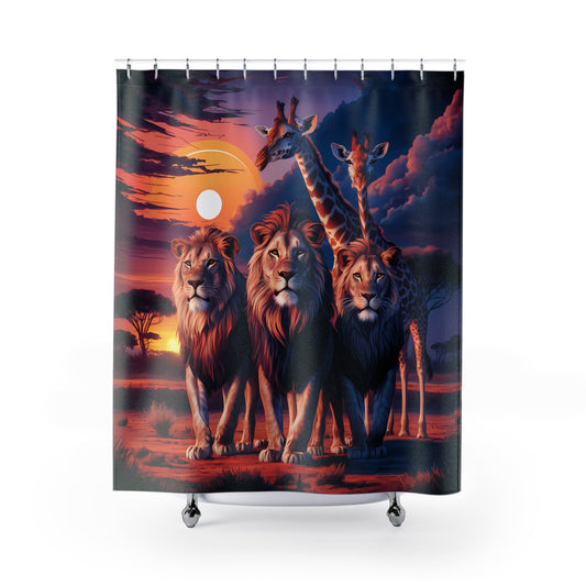 African Serengeti Lions and Giraffes Sunset Scene Shower Curtain 71 x 74" Lion Shower Curtain